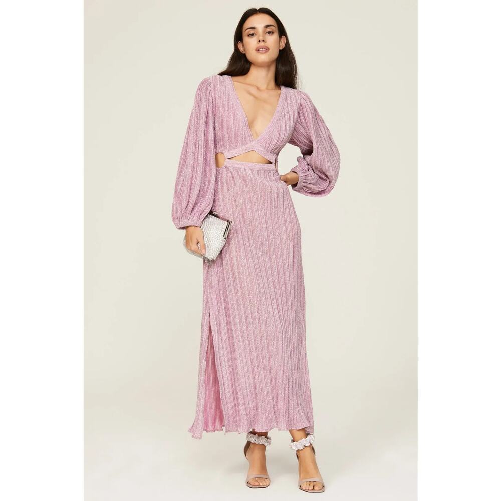 Suboo Mars Dress Metallic Plisse Long Balloon Sleeve V-Neck Cutout Maxi Pink S